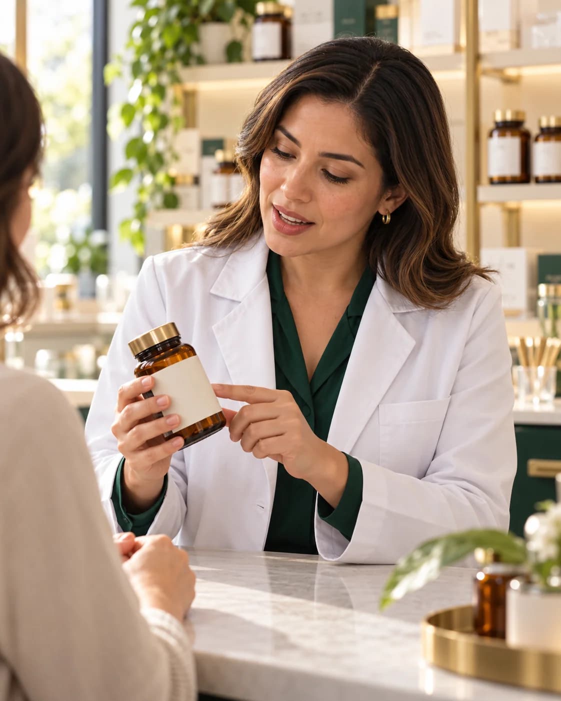 Farmacéutica orientando a una clienta sobre un suplemento