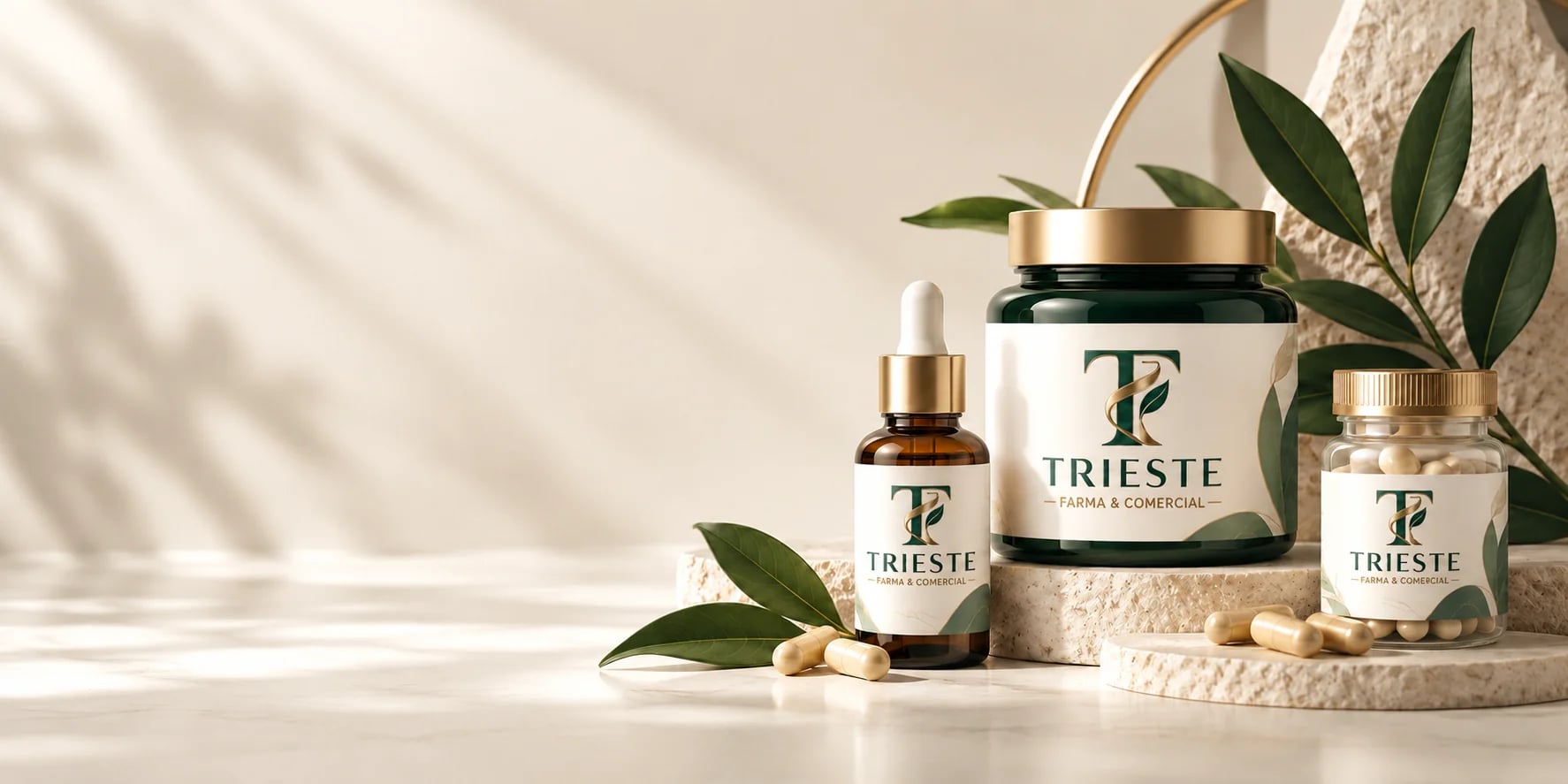 Fotografía editorial clínica Trieste Farma con frascos botánicos y luz natural